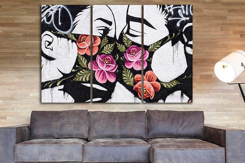 Mural art mask canvas Kiss print Lovers artwork Kissing décor Graffiti artwork