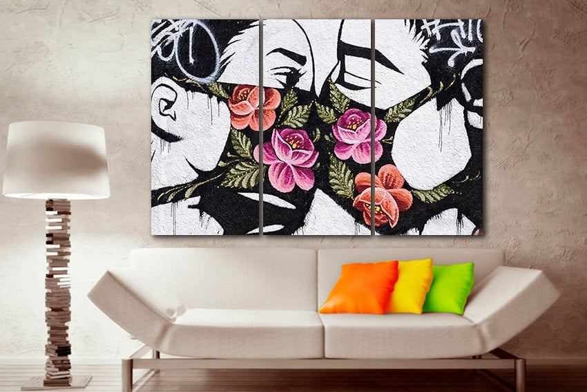 Mural art mask canvas Kiss print Lovers artwork Kissing décor Graffiti artwork