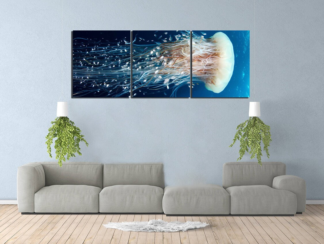 Jellyfish canvas Sea life wall art Animals print Ocean printable Underwater décor Nautical gift Blue white art Sea room décor Ready to hang