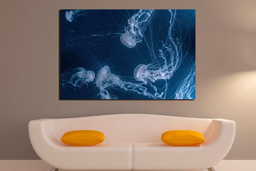Jellyfish print on canvas Sea life wall art Animals decor Underwater print Nautical gift