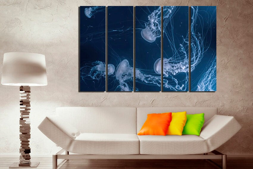 Jellyfish print on canvas Sea life wall art Animals decor Underwater print Nautical gift
