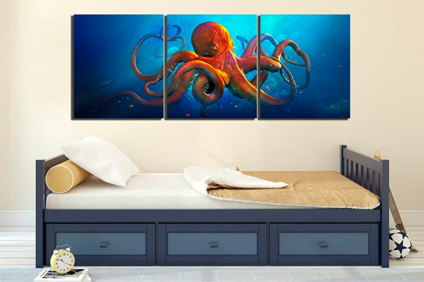 Octopus canvas Ocean animals art Sea life gift Seascape wall décor Fish artwork Underwater print