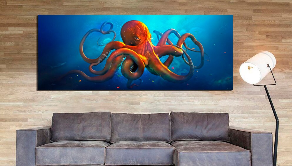 Octopus canvas Ocean animals art Sea life gift Seascape wall décor Fish artwork Underwater print