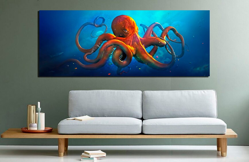 Octopus canvas Ocean animals art Sea life gift Seascape wall décor Fish artwork Underwater print