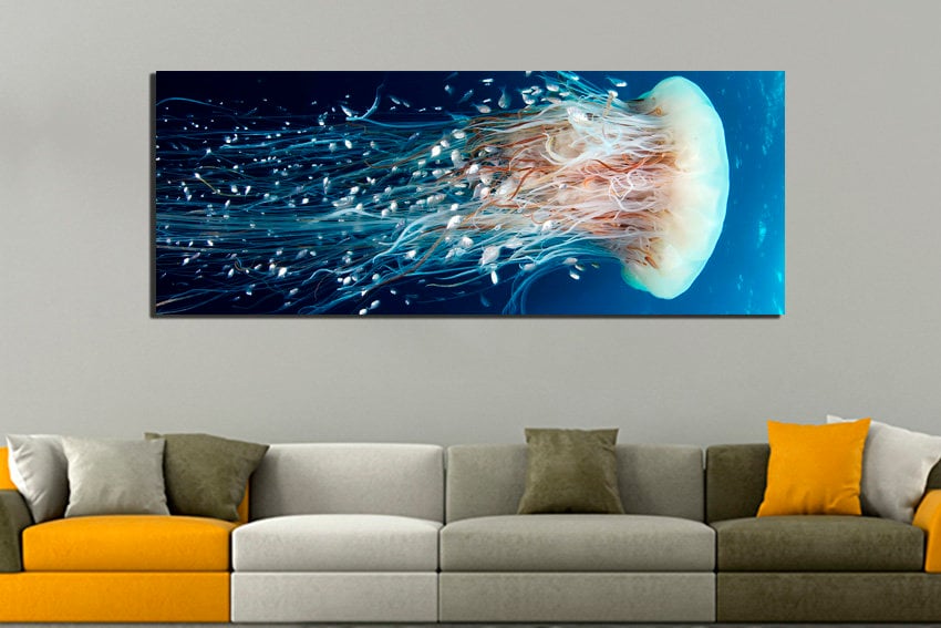 Jellyfish canvas Sea life wall art Animals print Ocean printable Underwater décor Nautical gift Blue white art Sea room décor Ready to hang