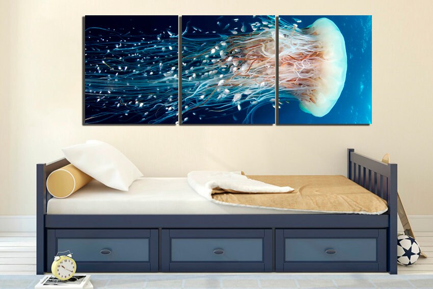 Jellyfish canvas Sea life wall art Animals print Ocean printable Underwater décor Nautical gift Blue white art Sea room décor Ready to hang