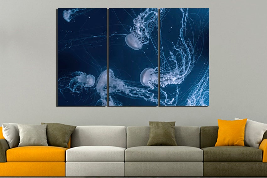 Jellyfish print on canvas Sea life wall art Animals decor Underwater print Nautical gift