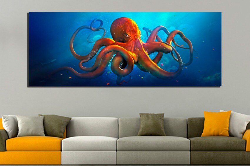 Octopus canvas Ocean animals art Sea life gift Seascape wall décor Fish artwork Underwater print