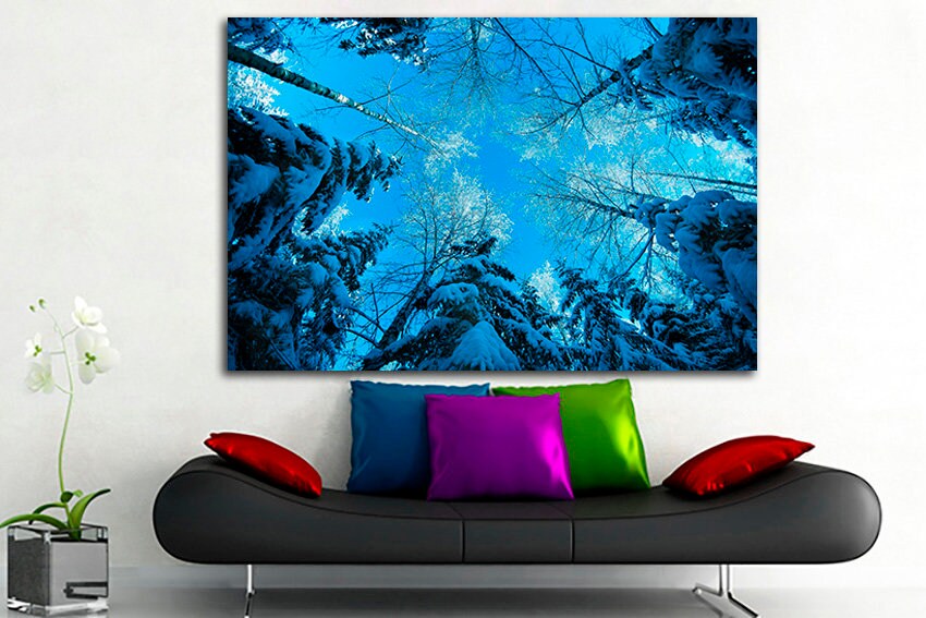 Winter forest art Snow canvas Birch treetop sky print Snowy decor Nature artwork
