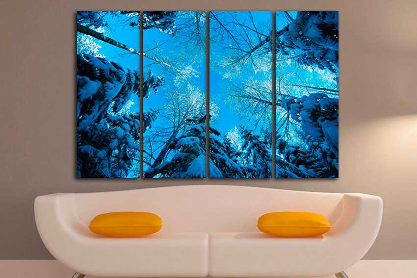 Winter forest art Snow canvas Birch treetop sky print Snowy decor Nature artwork