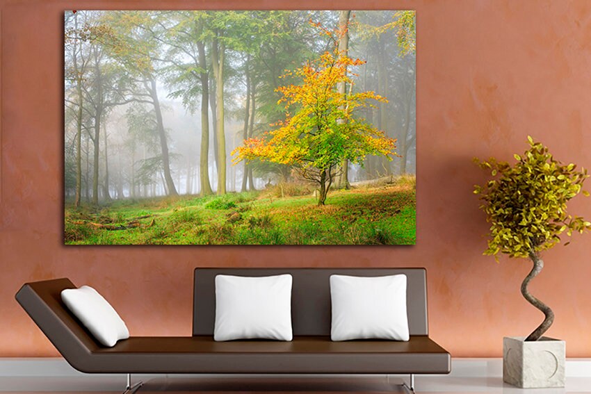 Yellow green forest wall print Autumn canvas Fog decor Nature artwork Ready to hang