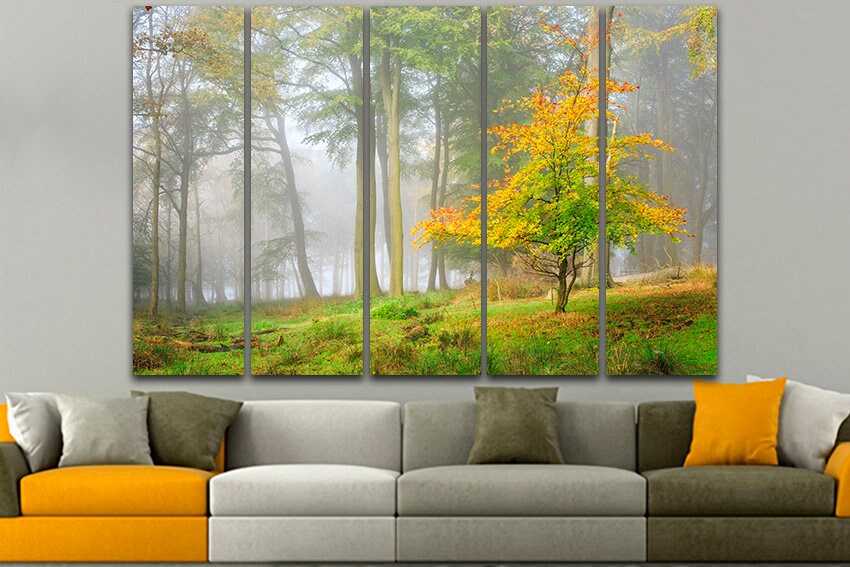 Yellow green forest wall print Autumn canvas Fog decor Nature artwork Ready to hang