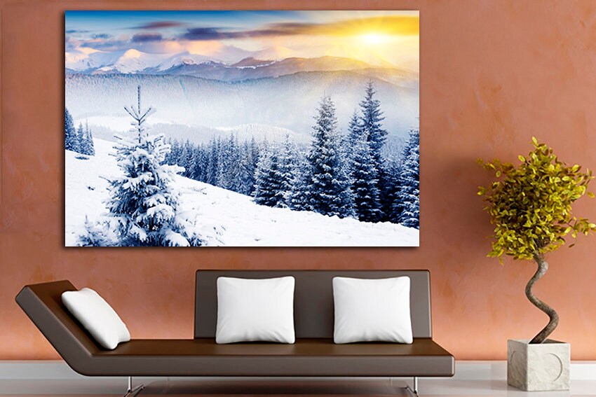 Winter wall print Snow canvas Forest décor Mountain art Nature artwork