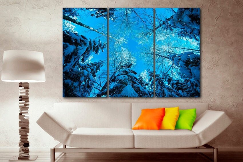 Winter forest art Snow canvas Birch treetop sky print Snowy decor Nature artwork