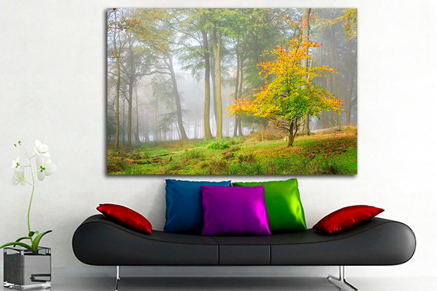 Yellow green forest wall print Autumn canvas Fog decor Nature artwork Ready to hang