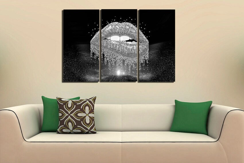 Gold lips canvas Large canvas art Glitter lips art Romantic print Lip poster Gift for her Fashion art Woman art Kiss print Lips wall décor