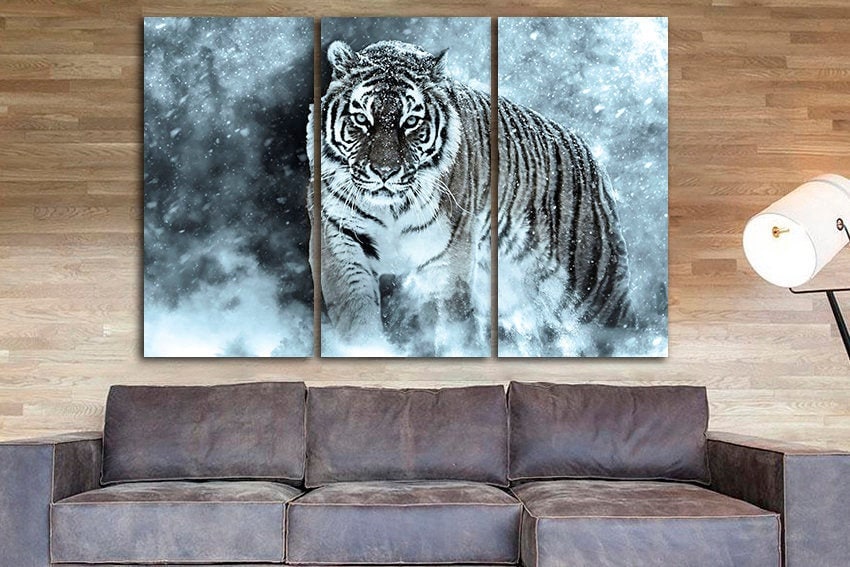 White Tiger print Animals canvas Jungle decor Snow Nature photo Winter room art