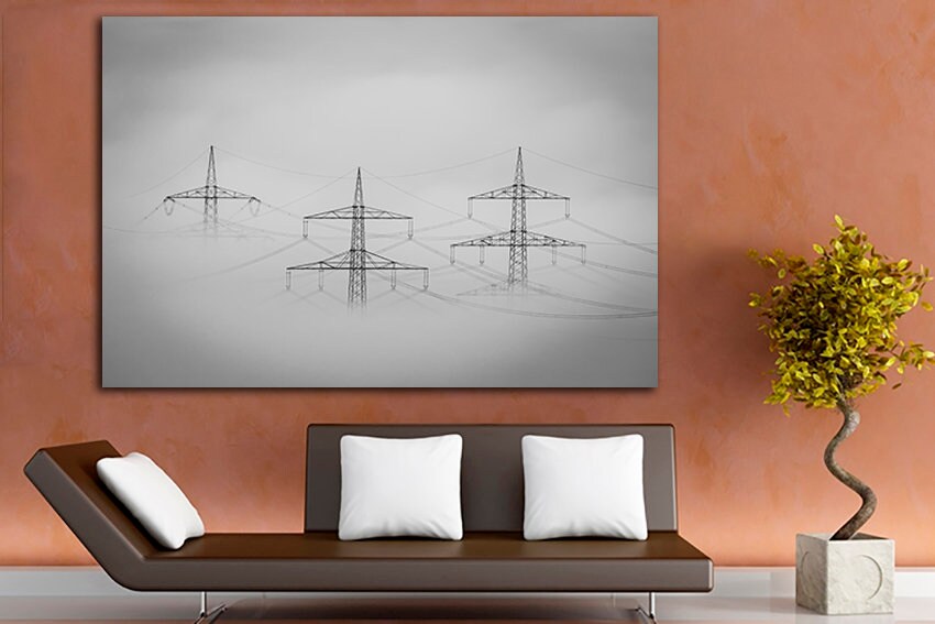 Fog wall art Engine décor Electric light mechanism print Power poles Lineman gift for men