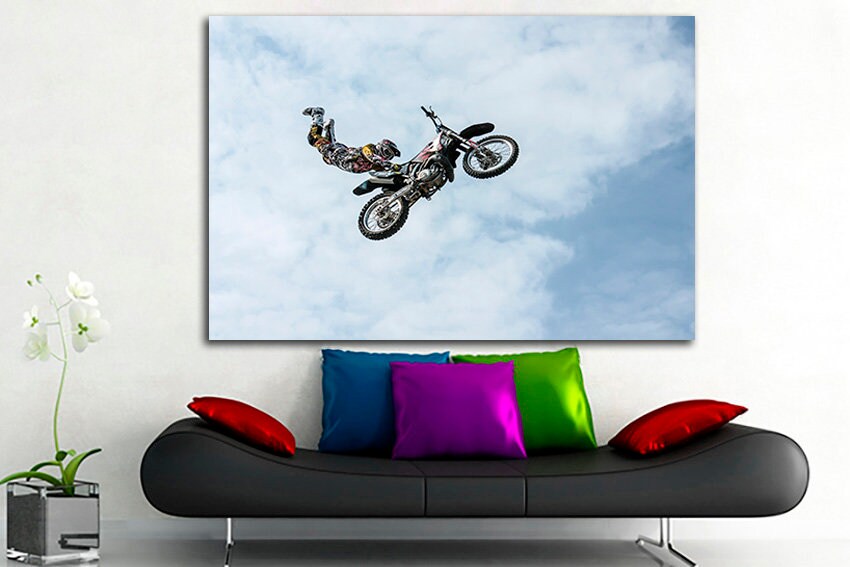 Biker print canvas Mountain bike art Sports Jump decor Motocross artwork Racing Extreme sport