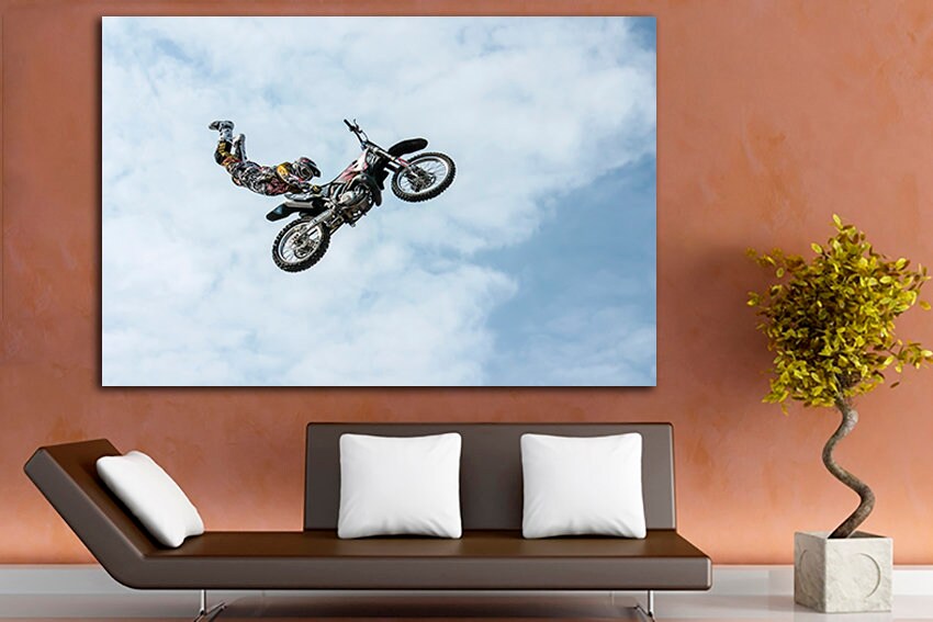 Biker print canvas Mountain bike art Sports Jump decor Motocross artwork Racing Extreme sport