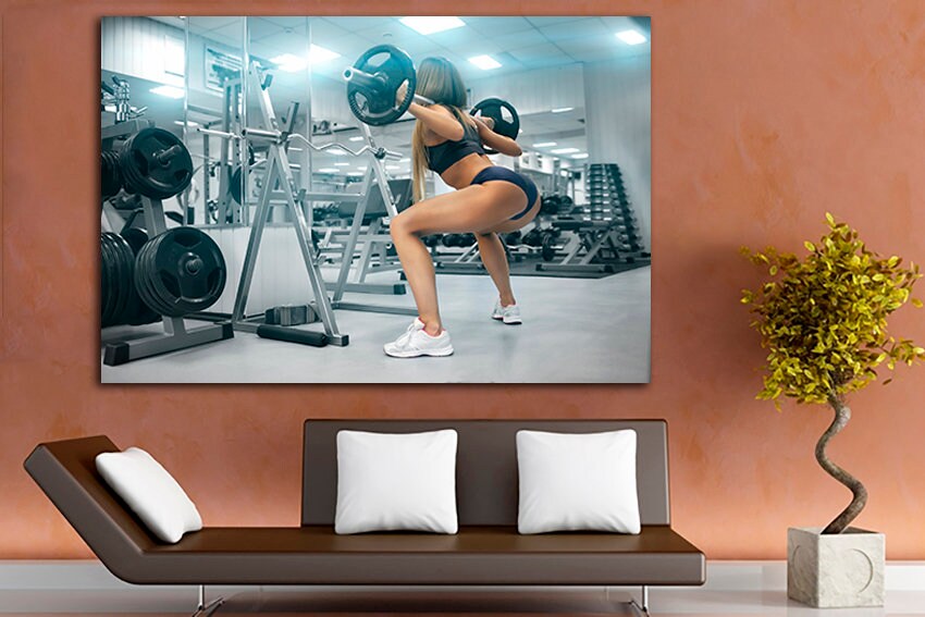 Fitness girl canvas Sports print Workout décor Gymnastic gift Strength training Barbell art Dumbbell artwork