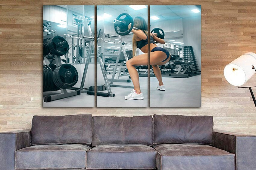Fitness girl canvas Sports print Workout décor Gymnastic gift Strength training Barbell art Dumbbell artwork