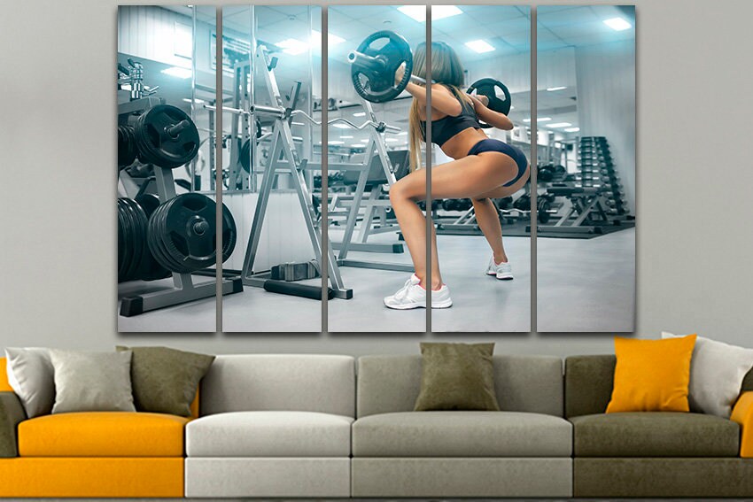 Fitness girl canvas Sports print Workout décor Gymnastic gift Strength training Barbell art Dumbbell artwork