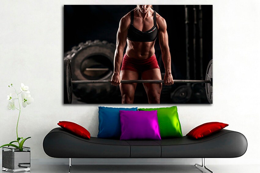 Fitness woman Gym canvas Sports wall print Strong hand Workout art