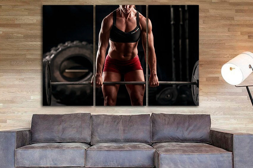 Fitness woman Gym canvas Sports wall print Strong hand Workout art
