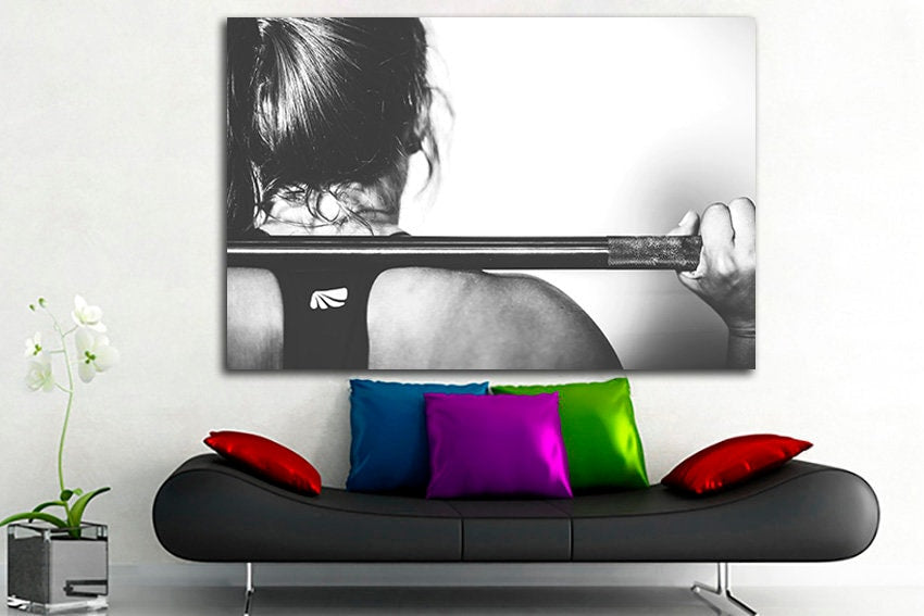 Fitness woman Gym canvas Sports print Strong hand art Workout photo Barbell Dumbbell artwork