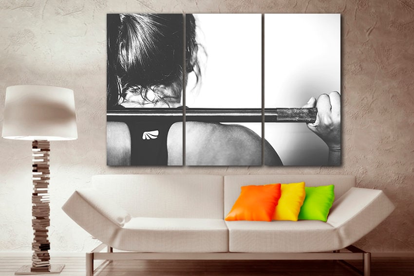 Fitness woman Gym canvas Sports print Strong hand art Workout photo Barbell Dumbbell artwork