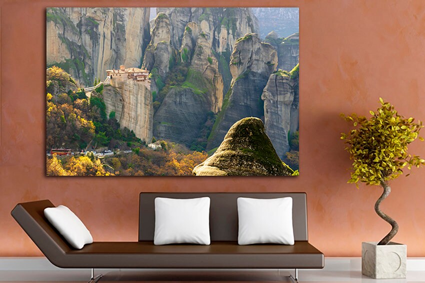 Meteora monasteries Greece canvas Rocks wall art Floating in air Monks print Religion in Greece travel