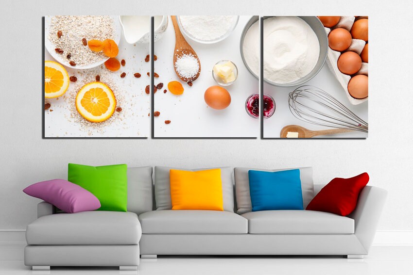 Cooking canvas Culinary wall print Flour décor Egg restaurant art Candied fruit Dough picture Raisin Kitchen artwork Gift to cook