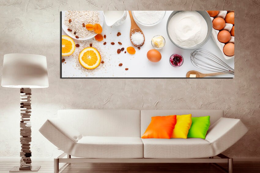 Cooking canvas Culinary wall print Flour décor Egg restaurant art Candied fruit Dough picture Raisin Kitchen artwork Gift to cook