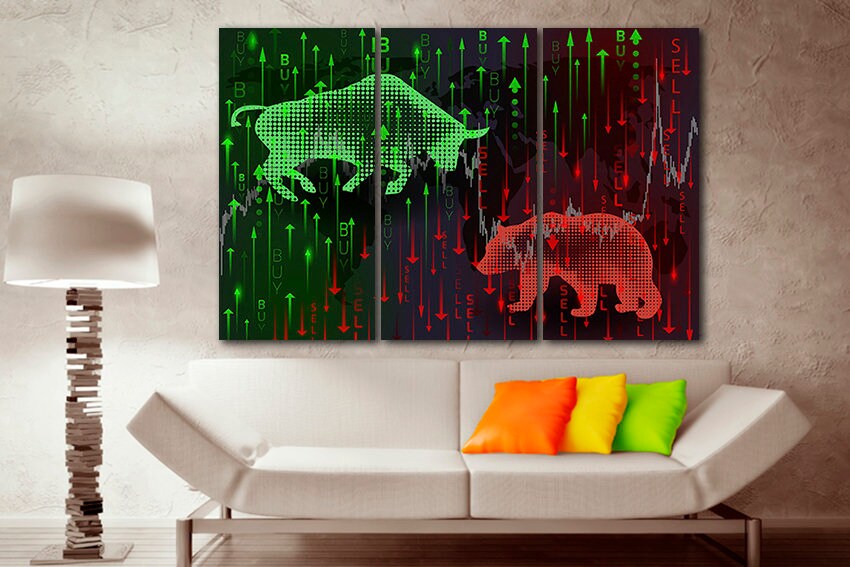 Buy and sell Trader canvas Bull and Bear art Stock market decor Broker artwork Finance business gift