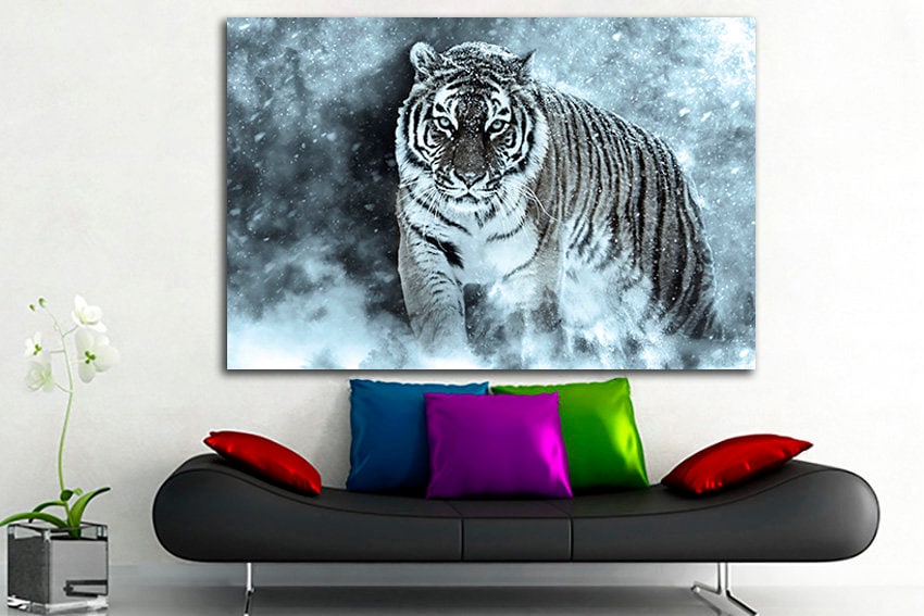 White Tiger print Animals canvas Jungle decor Snow Nature photo Winter room art