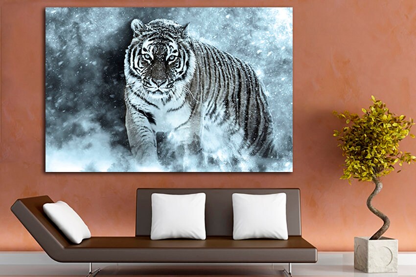 White Tiger print Animals canvas Jungle decor Snow Nature photo Winter room art