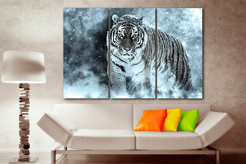 White Tiger print Animals canvas Jungle decor Snow Nature photo Winter room art