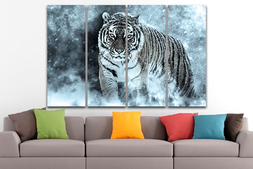 White Tiger print Animals canvas Jungle decor Snow Nature photo Winter room art