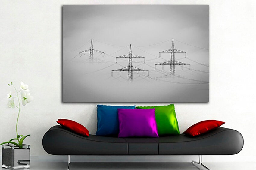 Fog wall art Engine décor Electric light mechanism print Power poles Lineman gift for men