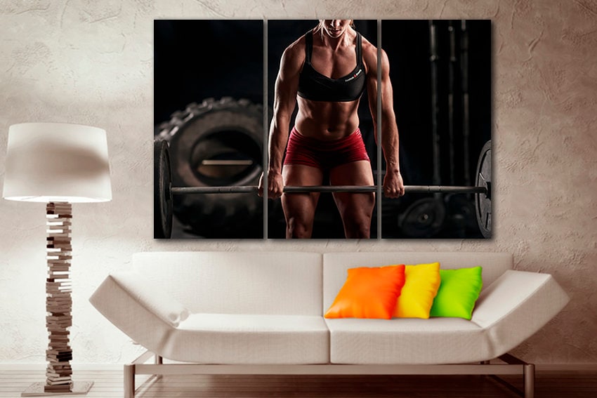 Fitness woman Gym canvas Sports wall print Strong hand Workout art