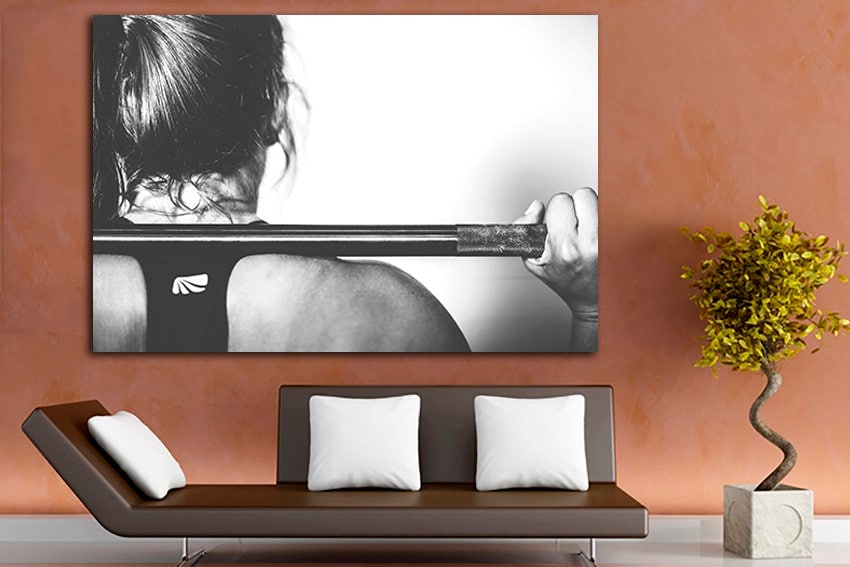 Fitness woman Gym canvas Sports print Strong hand art Workout photo Barbell Dumbbell artwork