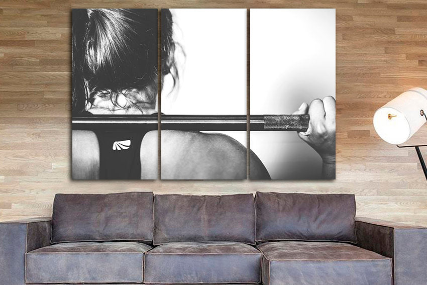 Fitness woman Gym canvas Sports print Strong hand art Workout photo Barbell Dumbbell artwork