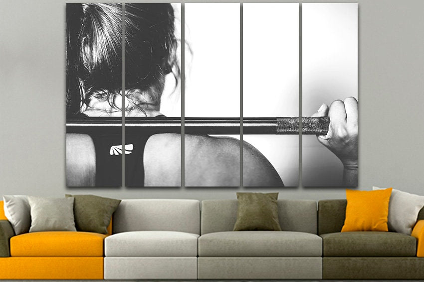 Fitness woman Gym canvas Sports print Strong hand art Workout photo Barbell Dumbbell artwork