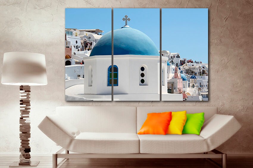 Santorini canvas Greece wall prints Island decor Blue sky travel Blue dome Church of Santorini Architecture art