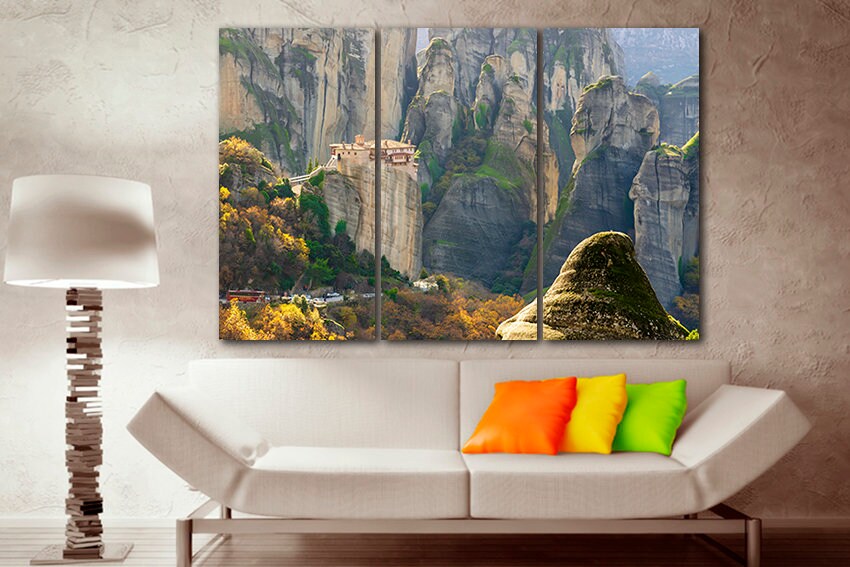 Meteora monasteries Greece canvas Rocks wall art Floating in air Monks print Religion in Greece travel