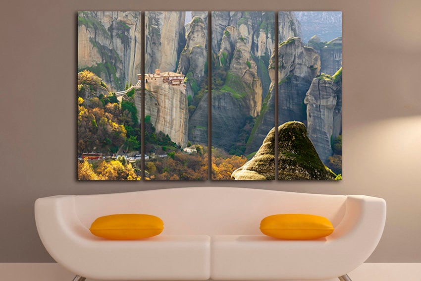 Meteora monasteries Greece canvas Rocks wall art Floating in air Monks print Religion in Greece travel