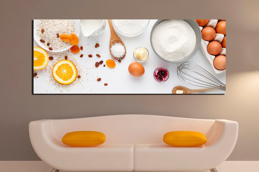 Cooking canvas Culinary wall print Flour décor Egg restaurant art Candied fruit Dough picture Raisin Kitchen artwork Gift to cook