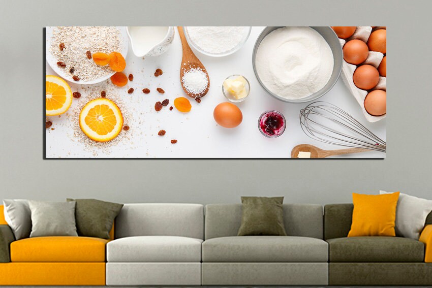 Cooking canvas Culinary wall print Flour décor Egg restaurant art Candied fruit Dough picture Raisin Kitchen artwork Gift to cook