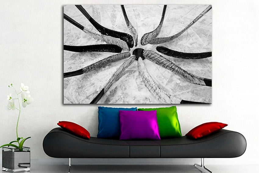 Hockey canvas Sports game decor Stick and puck art Ice rink Gym print Black and white gift Playroom artwork